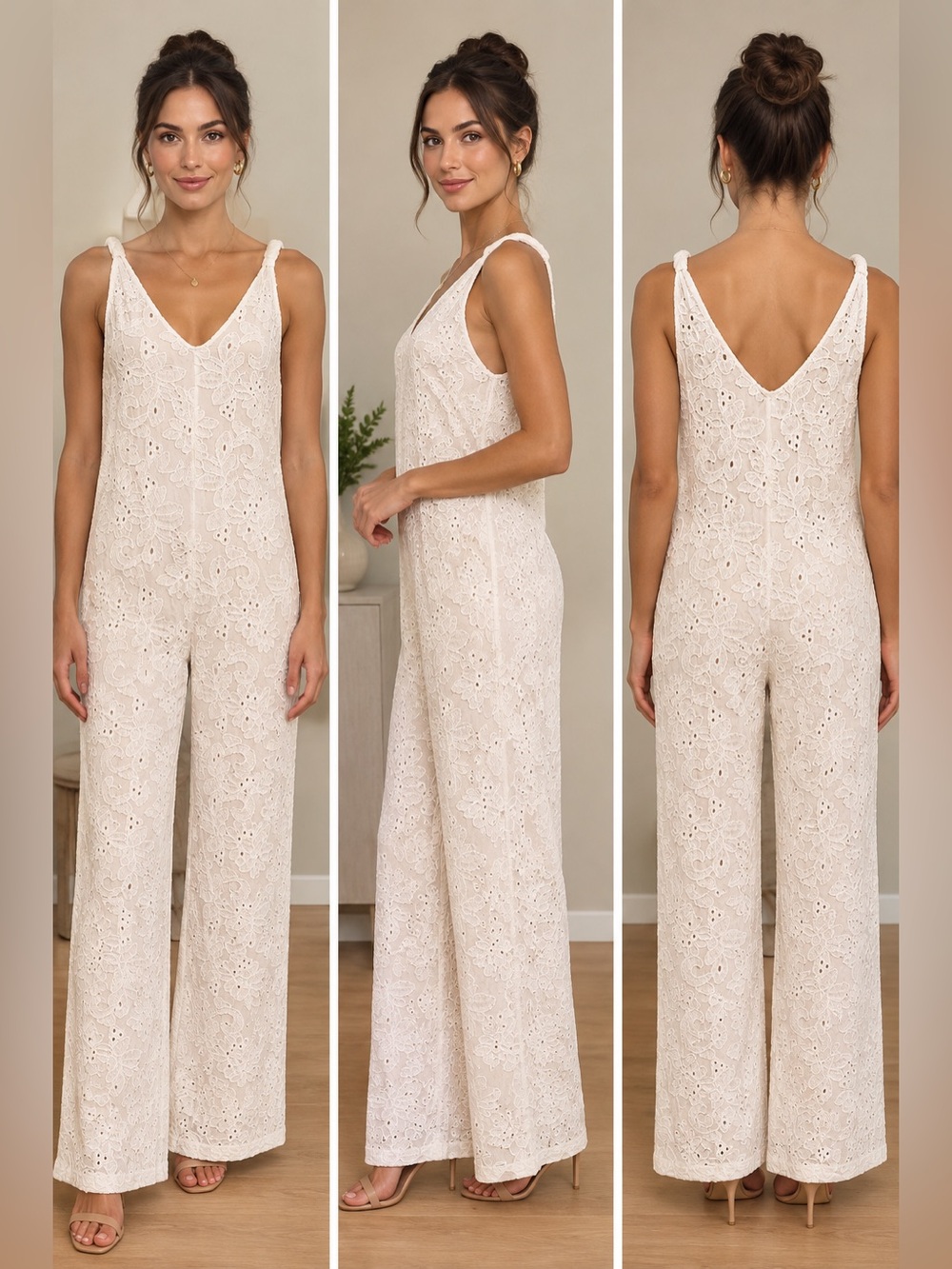 Zara white Lace Eyelet V-Neck Wide-Leg Jumpsuit